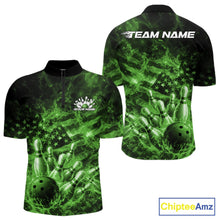 Load image into Gallery viewer, Front and back mens black and green bowling quarter-zip featuring a bowling ball crashing through pins with flames and an American flag background.