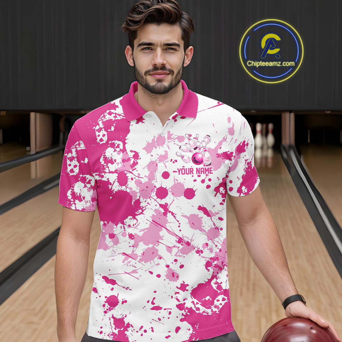 Custom Pink Bowling Polo Shirts For Men, Bowling Team Shirts Bowling Jerseys With Name IPHW7052