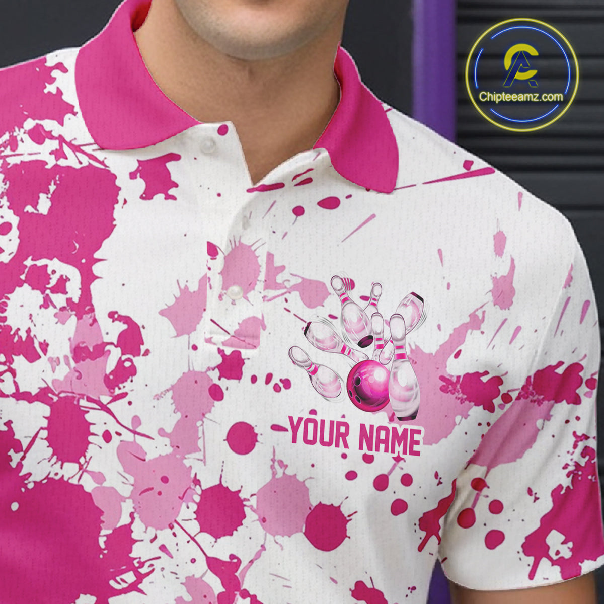 Custom Pink Bowling Polo Shirts For Men, Bowling Team Shirts Bowling Jerseys With Name IPHW7052