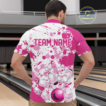 Custom Pink Bowling Polo Shirts For Men, Bowling Team Shirts Bowling Jerseys With Name IPHW7052