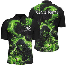 Load image into Gallery viewer, Black And Green Flame Grim Reaper Custom Halloween Bowling Shirts For Men, Team Bowlers Outfits IPHW7609