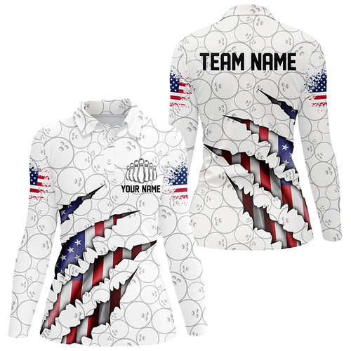 Custom Patriotic Long Sleeve Bowling Shirts For Women, American Flag Usa Bowling League Shirt IPHW5523