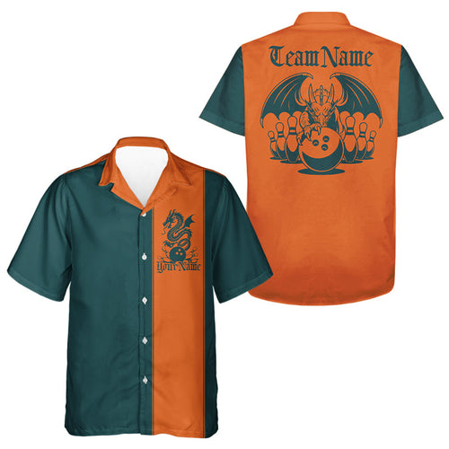 Custom Blue Green And Orange Dragon Bowling Hawaiian Shirts, Classic Retro Bowling Team Shirt IPHW8277