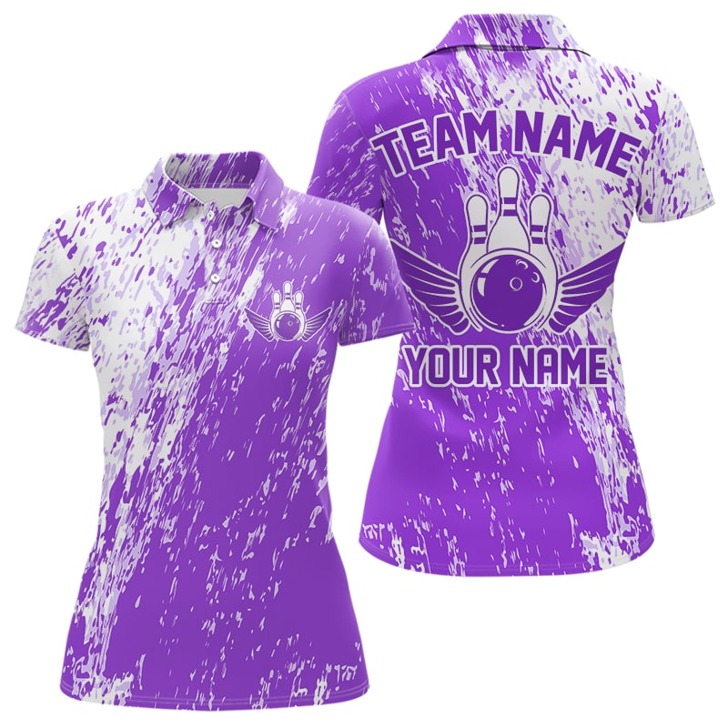 Personalized White And Purple Bowling Team Polo Shirt For Women, Bowling Tournament Outfits IPHW8744
