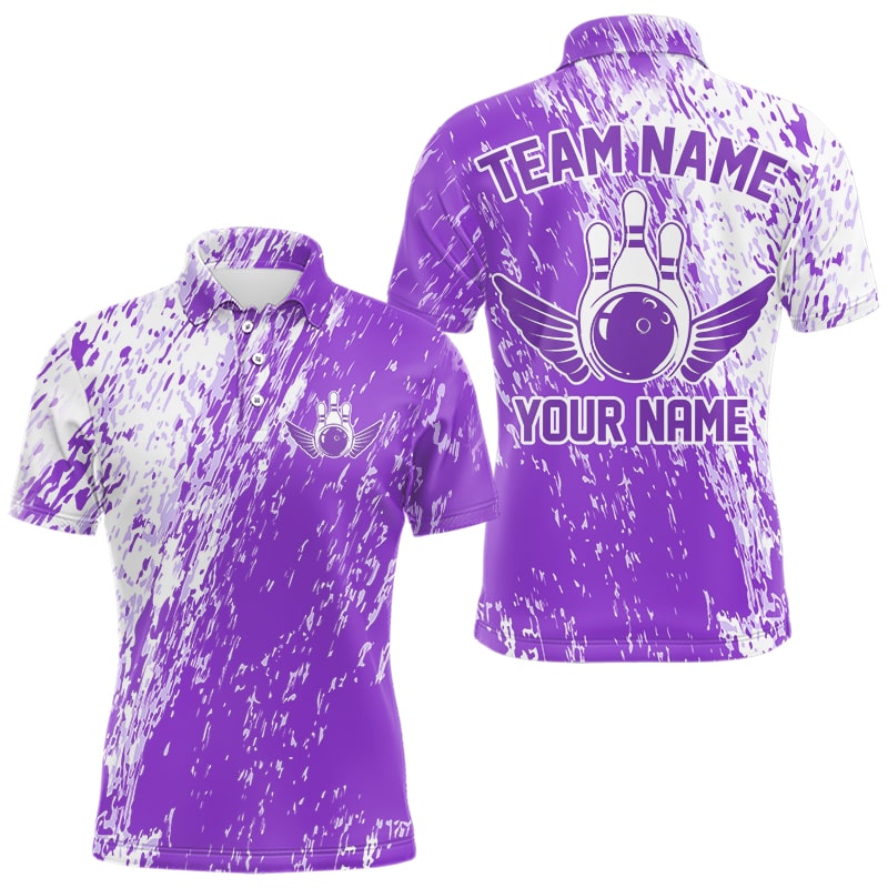 Personalized White And Purple Bowling Team Polo Shirts For Men, Bowling Tournament Outfits IPHW8744