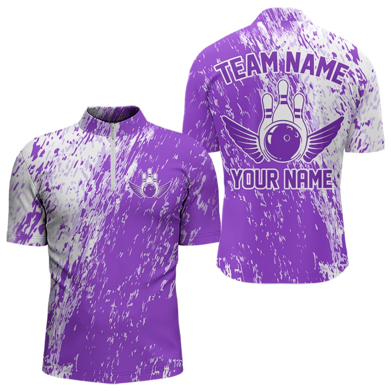 Personalized White And Purple Bowling Team Quarter-Zip Shirts For Men, Bowling Tournament Outfits IPHW8744