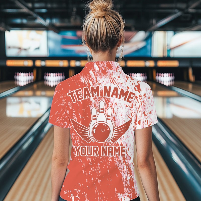 Personalized White And Orange Bowling Team Polo Shirt For Women, Bowling Tournament Outfits IPHW8745