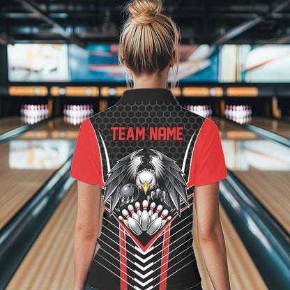 Custom Black And Red Eagle Bowling Jerseys, Bowling Team Women Polo Shirts Bowlers Outfits IPHW8748