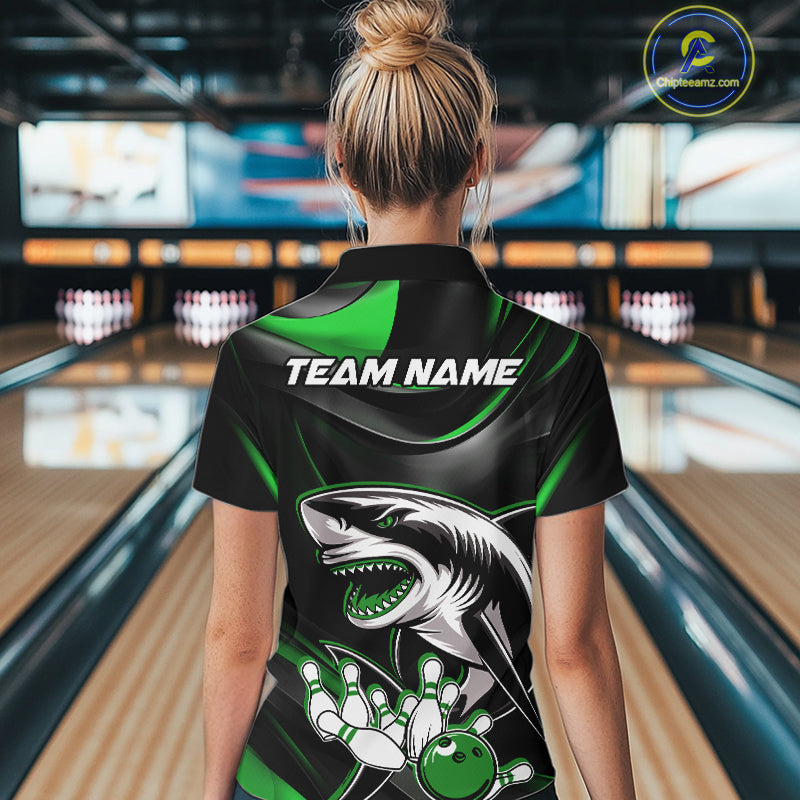 Custom Black And Green Shark Bowling Team Women Quarter-Zip Shirt, Bowling League Shirt IPHW9004