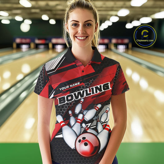 Custom Black And Red Hexagon Pattern Bowling Polo Shirts For Women, Bowling Team Uniform IPHW9420