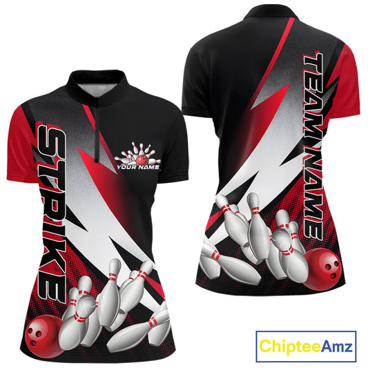 Custom Black And Red Strike Bowling Women Quarter-Zip Shirts, Bowling Team Uniform IPHW9423