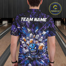 Load image into Gallery viewer, Back view of a male model wearing a blue and purple bowling polo shirt in a bowling lane, featuring a blue monster bowling ball leading monster bowling pins holding overflowing beer mugs with bold graffiti-style splatter graphics.