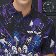 Load image into Gallery viewer, Close-up view of the left chest on a blue and purple bowling polo shirt showcasing a blue monster bowling ball leading monster bowling pins holding overflowing beer mugs with bold graffiti-style splatter artwork.