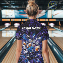 Load image into Gallery viewer, Back view of a female model wearing a blue and purple bowling quarter-zip shirt in a bowling lane, featuring a blue monster bowling ball leading monster bowling pins holding overflowing beer mugs with energetic graffiti-style splatter graphics.
