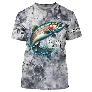 Gray Tie Dye Camo Custom Rainbow Trout Fly Fishing Shirts, Trout Long Sleeve Fishing Shirt IPHW7057