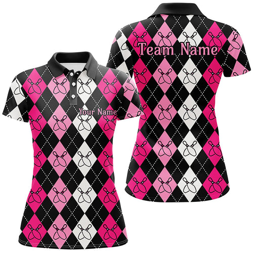 Pink Argyle Pattern Bowling Shirts For Women, Custom Bowling Uniforms IPHW7305