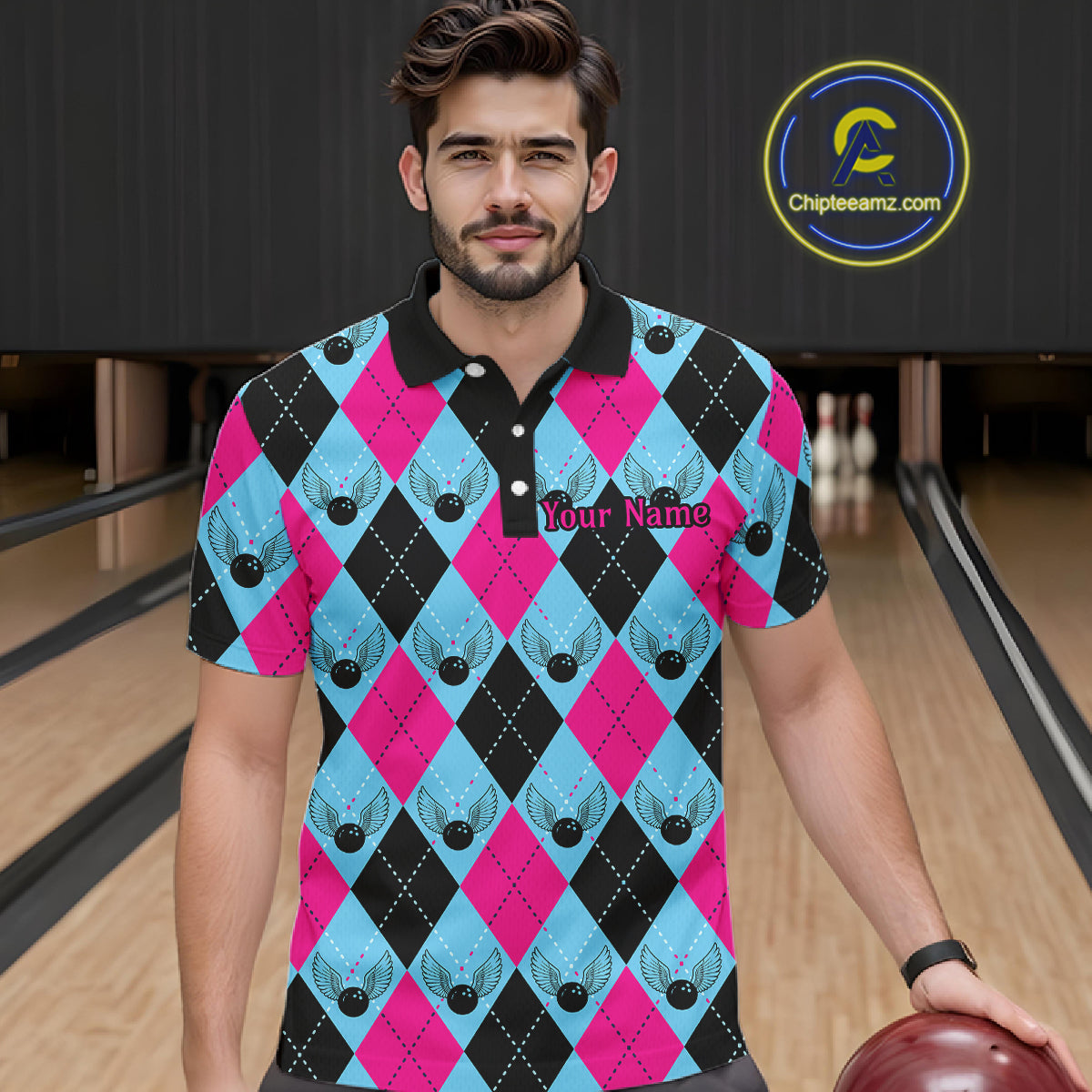 Blue And Pink Argyle Pattern Custom Bowling Shirts For Men, Personalized Bowling Team Shirt IPHW7306