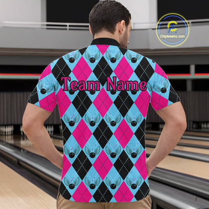 Blue And Pink Argyle Pattern Custom Bowling Shirts For Men, Personalized Bowling Team Shirt IPHW7306