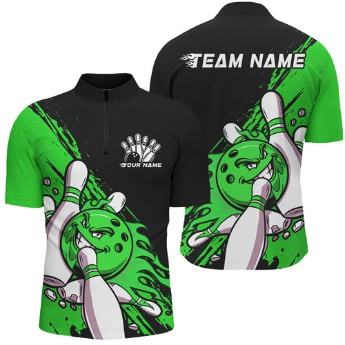 Black And Green Custom Funny Bowling Shirts For Men, Flame Bowling Team Shirt Bowlers Outfits IPHW7621