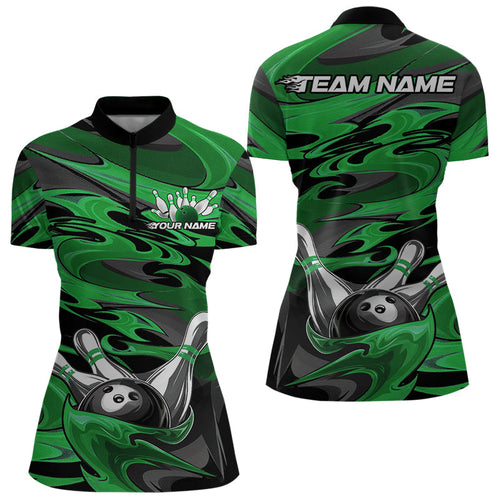 Black And Green Camo Custom Flame Bowling Quarter-Zip Shirt For Women, Bowling Team Uniform IPHW8029