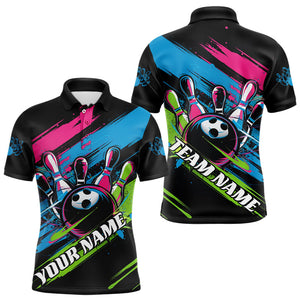 Black, Blue And Pink Custom Bowling Polo Shirts For Men, Colorful Bowling Team Shirt IPHW8033