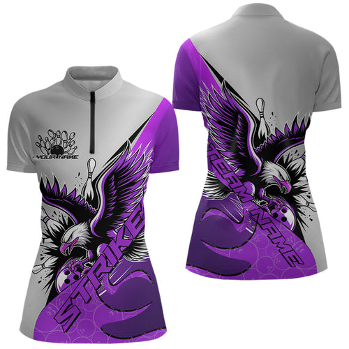 Custom Purple Eagle Bowling Team Women Quarter-Zip Shirt, Bowling Team Shirt Bowlers Outfit IPHW8756
