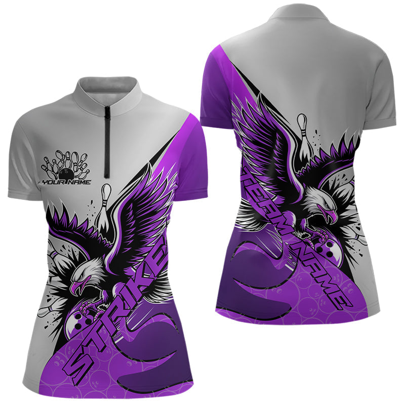 Custom Purple Eagle Bowling Team Women Quarter-Zip Shirt, Bowling Team Shirt Bowlers Outfit IPHW8756
