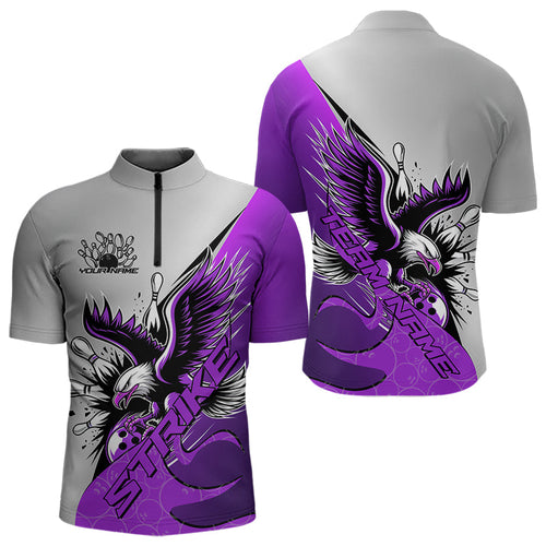 Custom Purple Eagle Bowling Team Men Quarter-Zip Shirts, Eagle Bowling League Shirt Bowlers Outfit IPHW8756