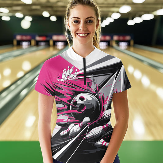 Custom Black And Pink Striking Bowling Womens Quarter-Zip Shirts, Team Bowlers Outfits IPHW8764