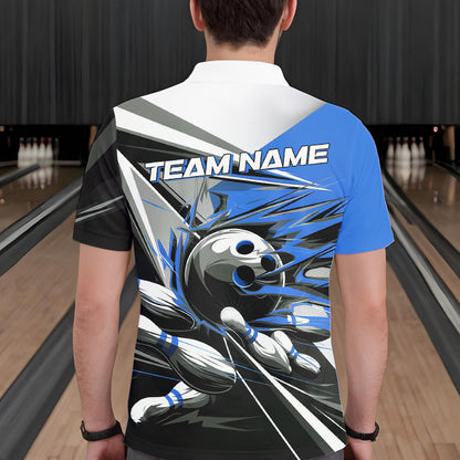 Custom Black And Blue Striking Bowling Polo Shirts For Men, Team Uniform Bowlers Outfits IPHW8765