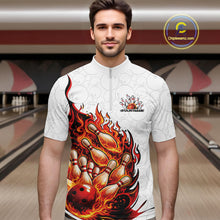 Load image into Gallery viewer, Male model in bowling lane wearing quarter-zip shirt with duck sunglasses fedora cash cigar bowling ball pins artwork