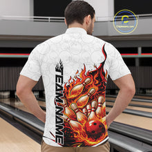 Load image into Gallery viewer, Front view male model in bowling lane wearing quarter-zip shirt featuring duck sunglasses fedora holding cash and cigar beside bowling ball and pins illustration