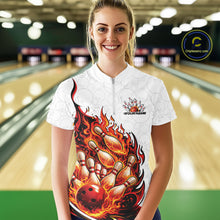 Load image into Gallery viewer, Front view female model at bowling lane wearing white and red quarter zip shirt showing flaming bowling ball crashing into pins with energetic fire illustration.