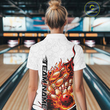 Load image into Gallery viewer, Back view female model in bowling lane wearing white and red quarter zip featuring flaming bowling ball crashing into pins with dynamic fiery graphics.