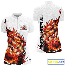 Load image into Gallery viewer, Front and back mockup of womens bowling quarter zip in white and red featuring flaming bowling ball crashing into pins with bold fiery sports artwork.