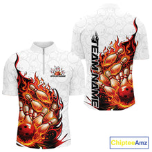 Load image into Gallery viewer, Front and back view men’s quarter-zip bowling shirt mockup featuring duck in sunglasses and fedora holding cash and cigar beside bowling ball and pins black and orange design