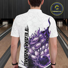 Load image into Gallery viewer, Back view of a white, blue, and purple bowling polo displaying dynamic flaming bowling ball graphics.