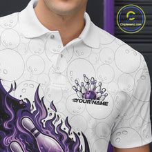 Load image into Gallery viewer, Detailed left chest view of a white, blue, and purple bowling polo with bowling strike artwork and flame accents.