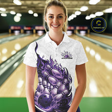 Load image into Gallery viewer, Female model in bowling lane wearing polo shirt with flaming bowling ball crashing into pins blue purple fiery sports artwork