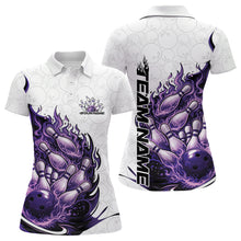 Load image into Gallery viewer, Front and back view women’s polo shirt mockup featuring flaming bowling ball crashing into pins fiery style design on white blue and purple fabric