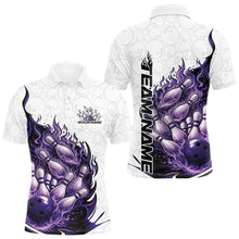 Load image into Gallery viewer, Front and back mens bowling polo mockup in white, blue, and purple featuring a flaming bowling ball crashing through pins.