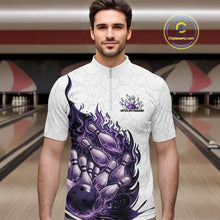Load image into Gallery viewer, Male model in bowling lane wearing quarter-zip shirt with flaming bowling ball crashing pins white red dynamic sports artwork