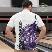 Load image into Gallery viewer, Front view male model in bowling lane wearing quarter-zip shirt featuring flaming bowling ball crashing pins white red fiery design