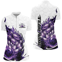 Load image into Gallery viewer, Front and back mockup of womens bowling quarter zip in white, blue and purple featuring flaming bowling ball striking pins with vibrant cosmic fire sports artwork.