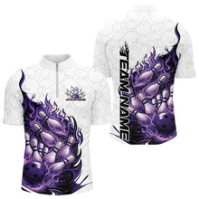 Load image into Gallery viewer, Front and back view men’s quarter-zip bowling shirt mockup featuring flaming bowling ball crashing pins fiery style on white and red fabric