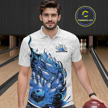 Load image into Gallery viewer, Male model at the bowling lane wearing a white and blue bowling polo decorated with fiery bowling action graphics.