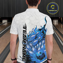 Load image into Gallery viewer, Back view of a white and blue bowling polo shirt featuring a flaming bowling ball and bowling pins illustration.