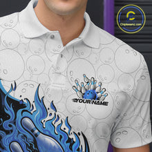 Load image into Gallery viewer, Left chest close-up of a white and blue bowling polo showcasing a fiery bowling strike graphic.