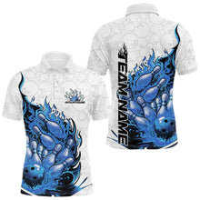 Load image into Gallery viewer, Front and back views of a mens white and blue bowling polo mockup with flaming bowling ball artwork crashing into pins.