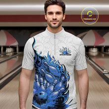 Load image into Gallery viewer, Male model in bowling lane wearing quarter-zip shirt with flaming bowling ball crashing pins white blue purple sports artwork